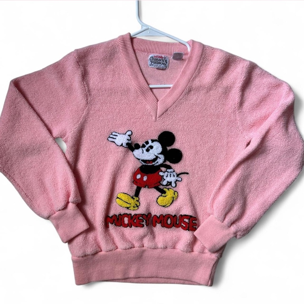 Vintage Disney Women's Pink V-Neck Sweater with Mickey Mouse